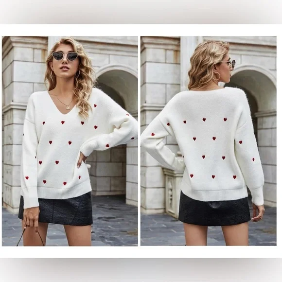 Pink Lily Cream V-Neck Embroidered Heart Fuzzy Soft Long Sleeve Sweater Size 2XL - Picture 2 of 13